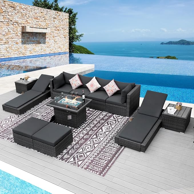 NICESOUL 11 Piece Sectional Outdoor Set with Chaise Lounge, Modern Large Backyard Seating with Firepit, 29.3'' High-Back Deep Patio Couch Sofa, Heavy Duty All-Weather Wicker Furniture for Deck, Grey