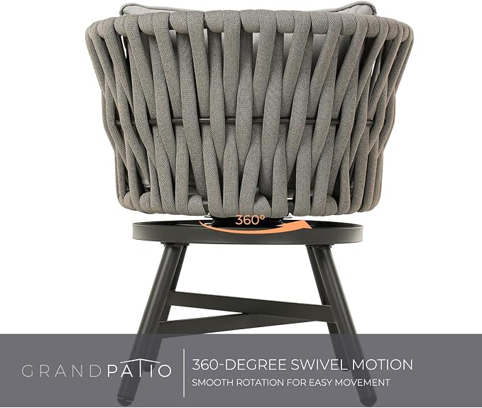 Grand patio Swivel Dining Chairs Set of 2, Rope Patio Outdoor Chairs with Cushions, Heavy Duty Outdoor Patio Bistro Chairs for Lawn,Garden,Deck,Backyard,Porch and Balcony, Light Gray