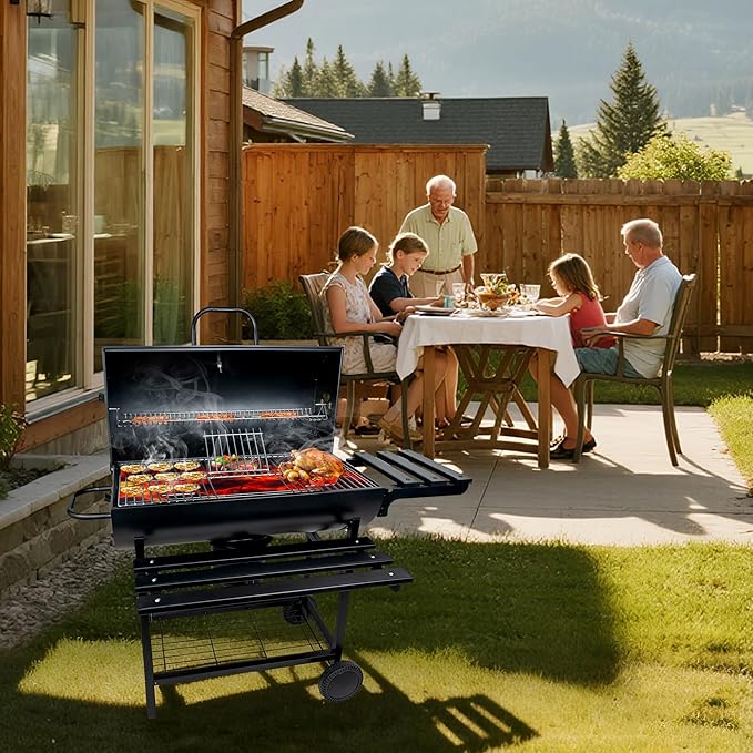 Charcoal Grill with Lid, 27" Outdoor BBQ Grill with Thermometer, Side Shelves, Wheels & Ash Catcher, Large Barrel Charcoal Smoker for Backyard, Camping & Outdoor Cooking