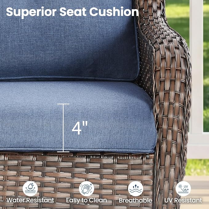 Patio Loveseat Sofa, Outdoor Wicker Loveseat with Luxury Thick Cushion, All-Weather Patio Furniture Set, Outdoor Glider Bench for Garden Balcony Backyard(Brown Wicker/Blue Cushion)
