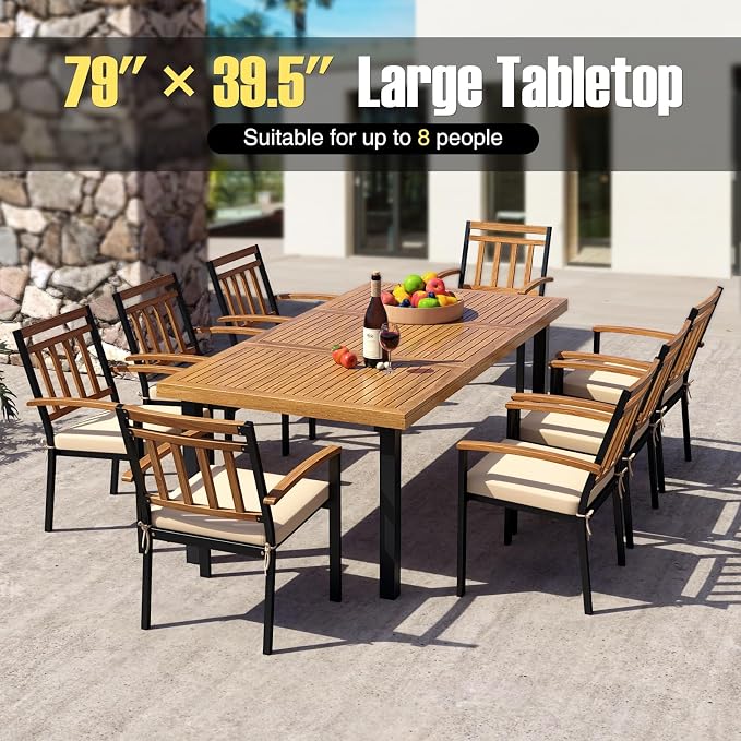 HAPPYGRILL Patio Dining Table for 8, 79" Large Rectangle Table with Acacia Wood Tabletop & Metal Legs, Outdoor Dining Table with 2" Umbrella Hole for Backyard, Lawn & Garden