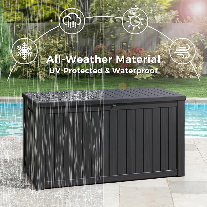 KAMABOKO Outdoor Storage Box, 180 Gallon Large Outdoor Resin Deck Box, Storage Waterproof Boxes Lockable Lid for Garden Tools, Pool Supplies, Patio Furniture and Cushions, Black