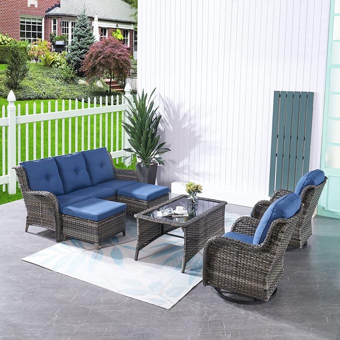 HUMMUH Outdoor Furniture Patio Furniture Set 7 Pieces Wicker Outdoor Sectional Sofa with Swivel Rocking Chairs,Patio Ottomans,Coffee Side Table