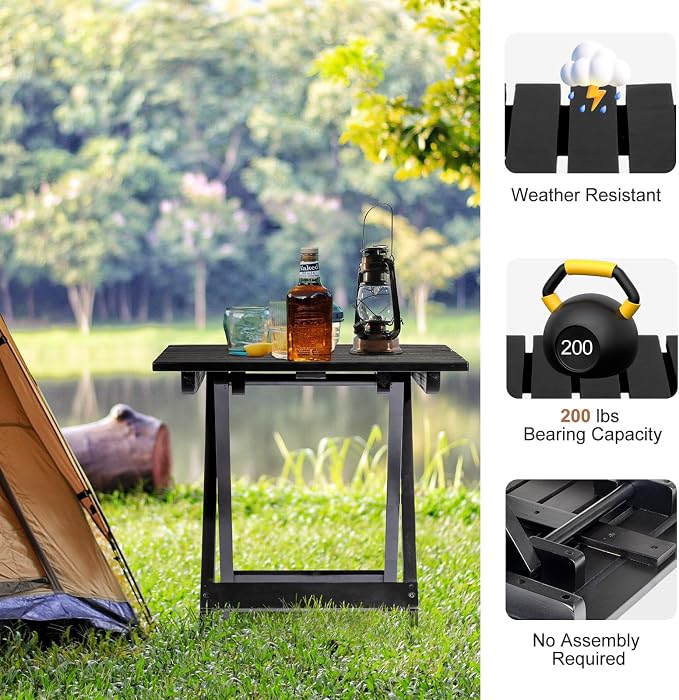 Outvita Wood Folding Side Table, Portable & Lightweight Compact Wooden Side Table, 18 inch Height for Camping Outdoor, Indoor, Patio, Porch, Balcony - Square, Black