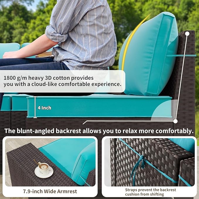 Gotland 6 Pieces Patio Furniture Set with 1 Coffee Table, 5 Seater Rattan Outdoor Sectional with Wide Armrests 29.5'' High Backrest Thick Cushions, Conversation Sets for Deck Garden Greenblue