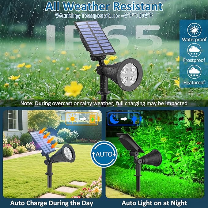 T-SUNUS Green Solar Landscape Spotlights 4 Pack, Solar Spot Lights Outdoor Waterproof, 4 LED Solar Spotlight with Auto On/Off, Adjustable Angle, 2 Lighting Modes for Yard Garden Tree Patio Pathway