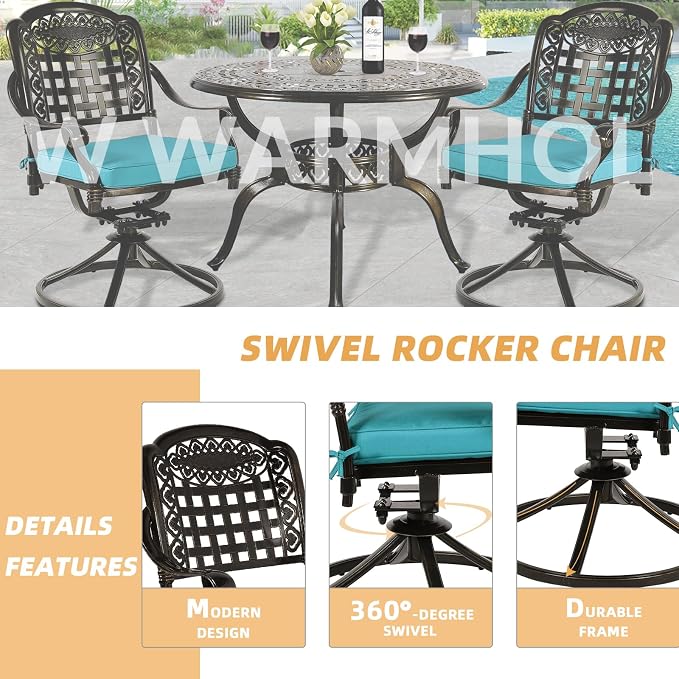 5 Piece Patio Dining Set, Outdoor Table and Chairs Set for 4 Cushioned Swivel Rocking Chairs and 38.5'' Round Table, All-Weather Cast Aluminum Patio Funiture Set, 2'' Umbrella Hole, Blue