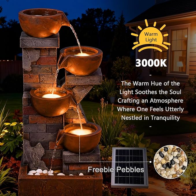 5 Tiers Solar Outdoor Water Fountain - 33.5" H Shape K Indoor Waterfall Fountain with LED Lights for Patio, Balconies, Lawns, Deck, Porch Backyard and Home Art Decor
