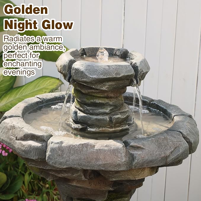 Sunlinua 29.7H Stone-Like Outdoor Water Fountain with LED Lights Italian Resin Garden Fountain for Patio Yard Weather-Resistant Cascading Waterfall Feature with Quiet Pump Elegant Backyard Décor
