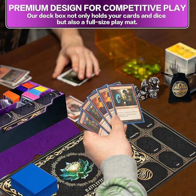 PROMAXIBINDER MTG Trading Card Storage Box with Playmat Fits 3000+ Cards, B-Row Commander Deck Case, 3 Display Windows, 6 Movable Partitions, 24 Dividers, for Magic/TCG/YuGiOh/Sport (Black&Purple)