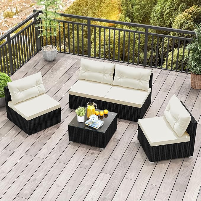 5 Pieces Patio Furniture Set, Outdoor Sectional Sofa with Tempered Glass Coffee Table & Cushions, Wicker Patio Conversation Set for Porch, Deck, Balcony, Poolside & Backyard
