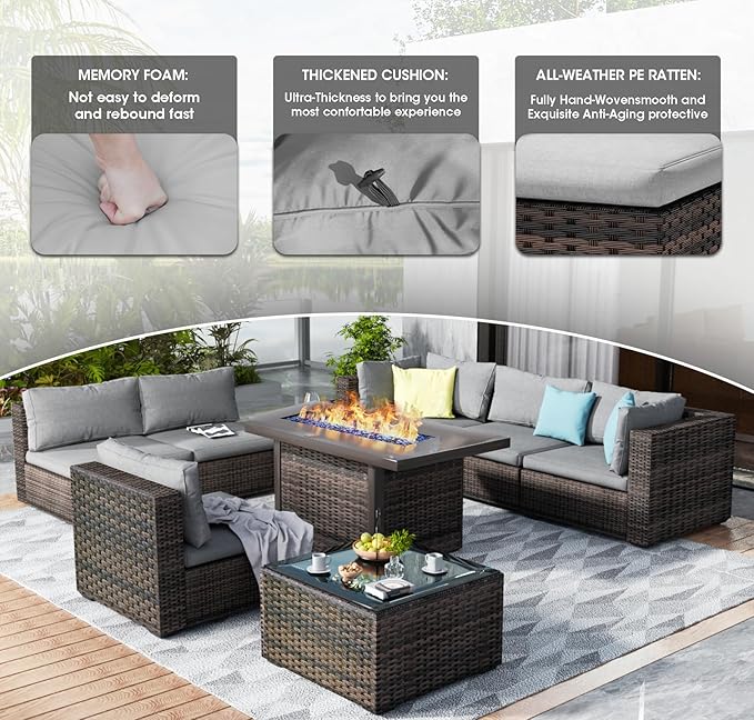 9 Pieces Outdoor Sectional Patio Furniture Set with Fire Pit Table PE Rattan Wicker Patio Sectional Armless Conversation Set with Cushions Grey