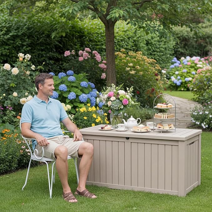 150 Gallon Deck Box Outdoor, Waterproof Outdoor Storage Boxes with Lids, Outside Resin Lockable Storage Box for Patio Cushions, Garden Tools(Grey)