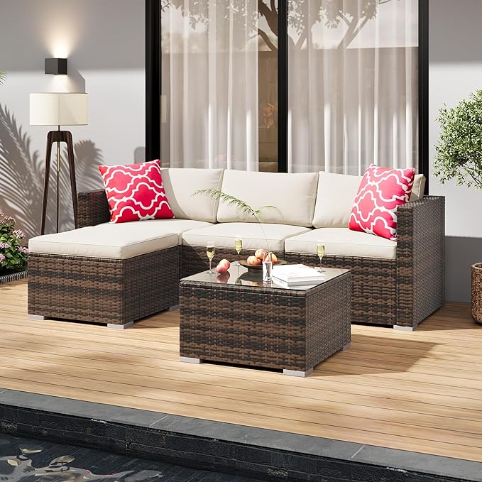 5-Piece Outdoor Sectional Sofa Set, All-Weather PE Rattan Patio Furniture with Ottoman & Tempered Glass Table, Convertible Garden Couch for Backyard, Porch, Poolside (Brown/Beige)