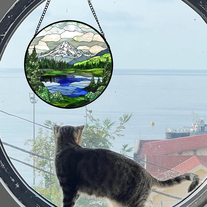 DASTOLL Stained Glass Window Hanging 4 Pcs Set Mountains Lake Green White Landscape 9.8" - Suncatcher Door Garden Sun Catcher Decor Birthday Christmas for Mom Woman Nana Men