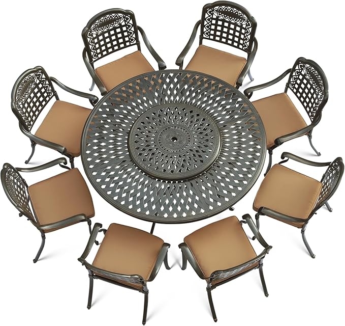 VIVIJASON 9-Piece Outdoor Furniture Dining Set, Rust-Free Cast Aluminum Patio Conversation Set, Include 8 Cushioned Chairs & 61" Round Dining Table with 31" Lazy Susan, Umbrella Hole, Khaki