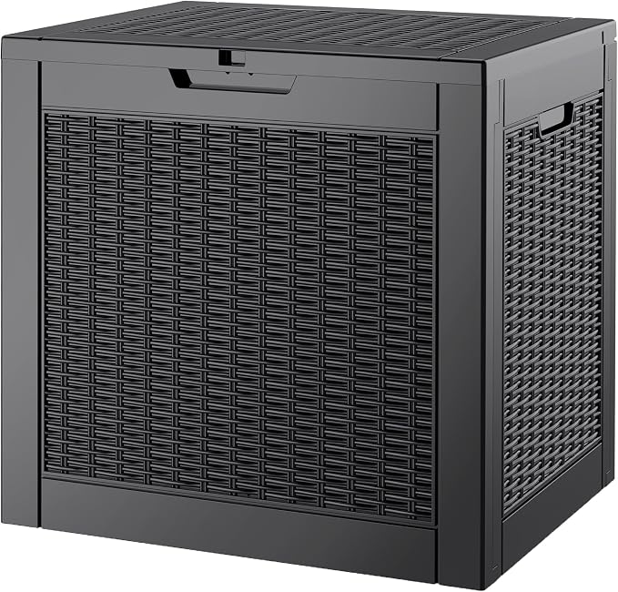 Outdoor Storage Box, 31 Gallon Deck Box with Lockable Lid, Waterproof Resin Storage Bin for Patio Furniture, Garden Tools, Cushions, Black