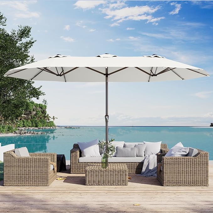 PatioKingdom 15FT Large Patio Umbrella with Base, Double Sided Rectangular Outdoor Umbrella with Sturdy Fiberglass Ribs, Market Umbrella for Pool,Garden,Backyard,Deck (Creamy-white, 15FT)