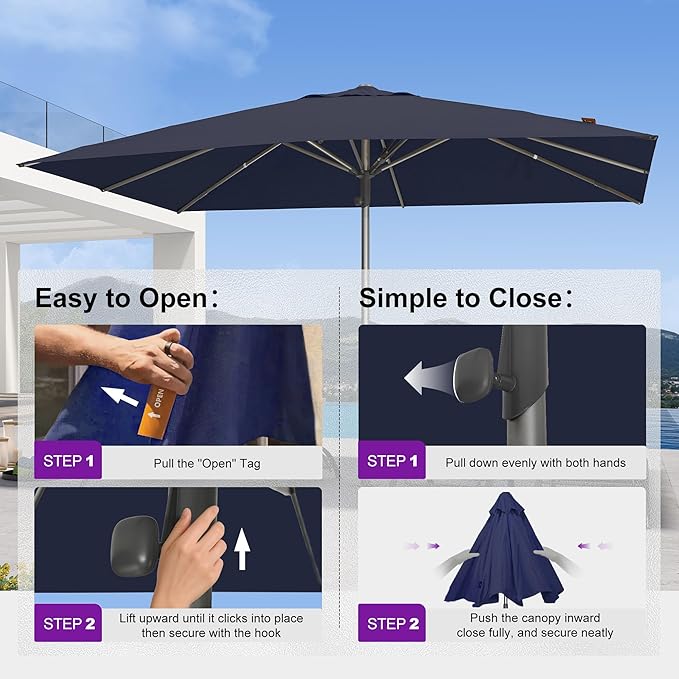 PURPLE LEAF Commercial Grade 10 x 13 FT Heavy Duty Rectangle Market Umbrella Semi Auto Open All Weather Wind Resistant Reinforced Aluminum Frame Outdoor Patio Umbrella for Restaurant Hotel Resort Cafe Poolside Business Use Navy Blue