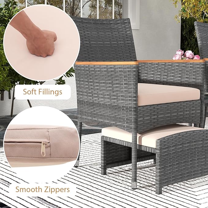 HAPPYGRILL 5 Pieces Wicker Patio Conversation Set, PE Rattan Porch Chairs with Ottomans, 2-Tier Coffee Table, Cushions, Outdoor Furniture Set for Garden, Poolside, Balcony