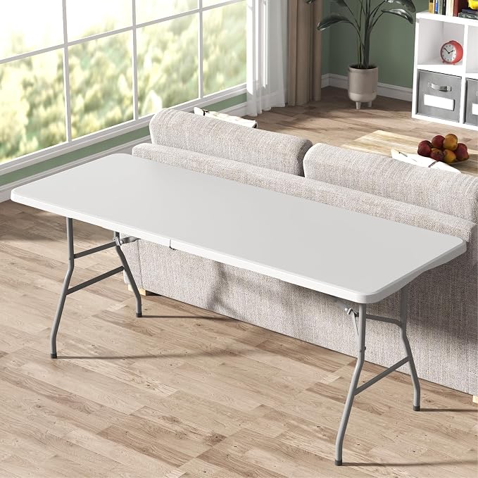 6PK Folding Table, 6FT Portable Plastic Folding Table, Foldable Dining Tables with Carrying Handle for Party, Picnic, Camping, Easy to Fold and Storage, for Indoor or Outdoor Use