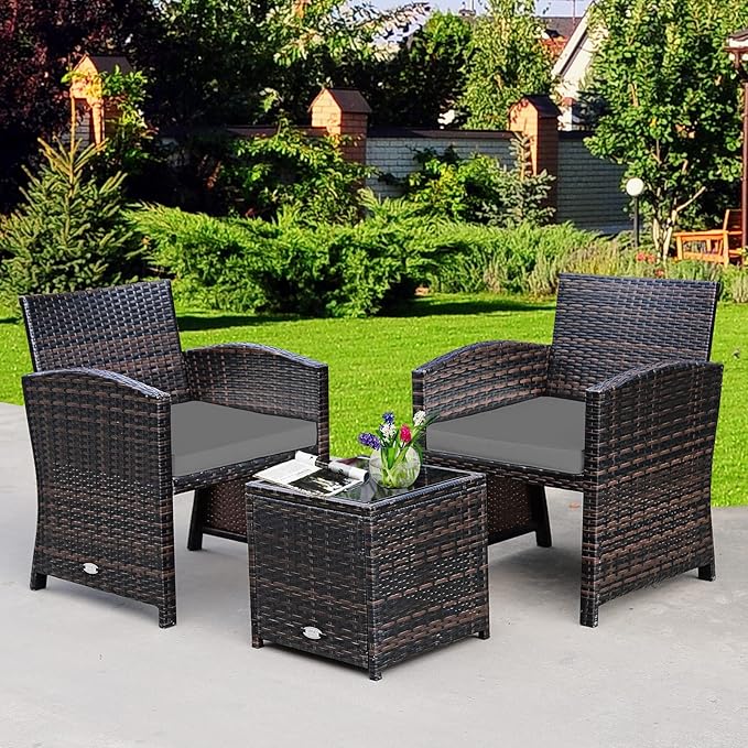 Tangkula 3-Piece Outdoor PE Rattan Furniture Set, Patio Conversation Set w/Chair & Storage Coffee Table, Detachable Cushion, Stable X-Shaped Frame, Perfect for Garden, Backyard, Poolside (Grey)