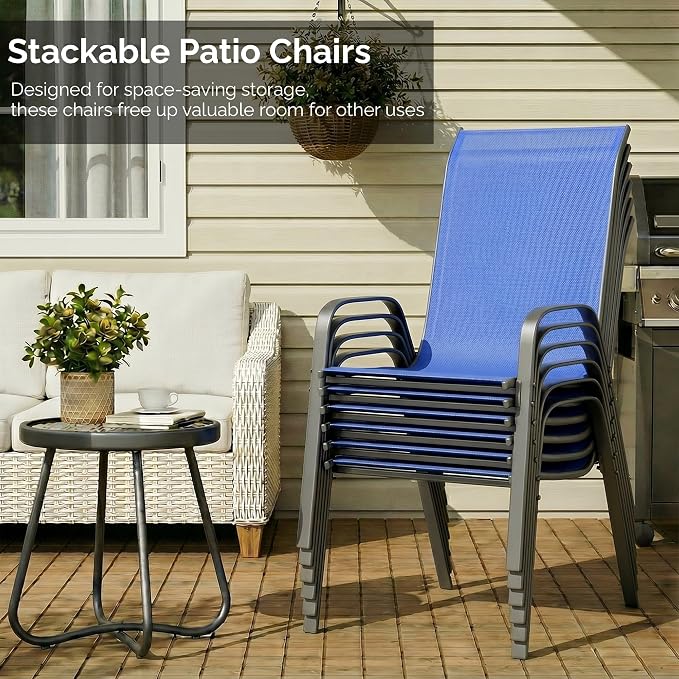 MAMIZO 7 Pieces Patio Dining Set for 6, Outdoor Table and Chairs w/Rectangle Glass Table and 6 Textilene Stackable Chairs, Patio Furniture Set w/1.69" Umbrella Hole (Black Table & Navy Blue Chair)