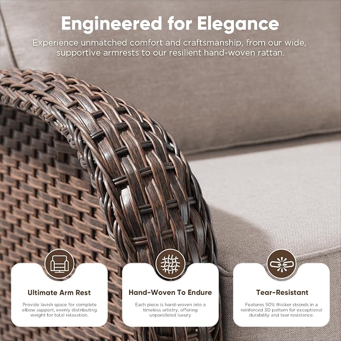 HUMMUH 5-Piece Patio Furniture Set with 6" Thick Cushion High Back Outdoor Swivel Rocker Chairs,3-Seater Sofa,Coffee Table & Ottomans,Wicker Outdoor Conversation Set for Deck, Porch,Poolside