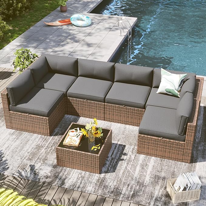 LazySunsets 7 Piece Outdoor Patio Furniture Set with Coffee Table, Outdoor Patio Furniture Sets with Waterproof Cover, Wicker Rattan Outdoor Conversation Set for Backyard & Garden, Grey