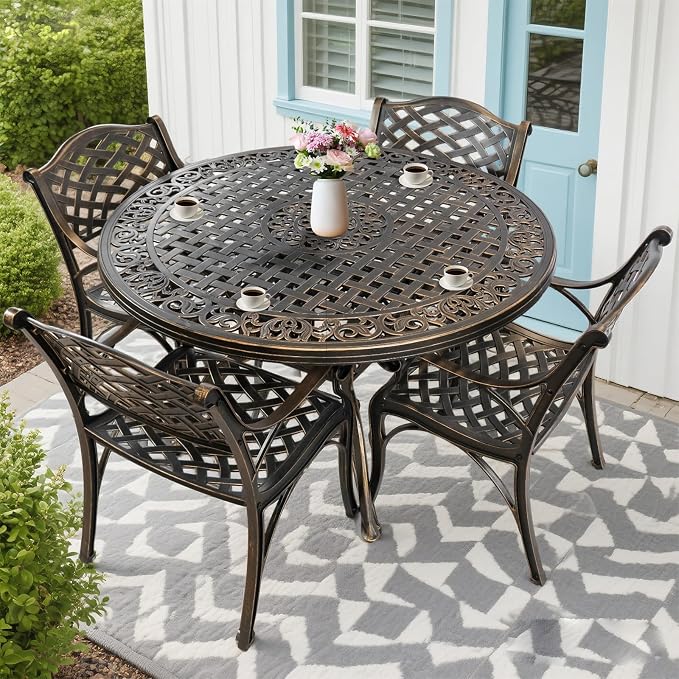 Patio Dinning Set Weather Resistant Cast Aluminum Patio Furniture Set with Umbrella Hole, Bistro Dining Set for Garden (48" x 48" Table B and 4 Chairs Bronze, 5 Pieces)