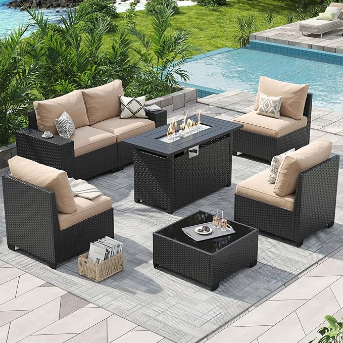 Aoxun Patio Furniture Set with 44'' Fire Pit Table, 7 Pcs Outdoor Patio Furniture Sets with 4in Thicken Cushion, Widen Armrests Wicker Outdoor Sectional for Backyard
