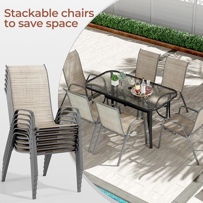 TLSUNNY Patio Dining Set for 6, Outdoor Table and Chairs W/1.69″ Umbrella Hole, 30"X 55" Table and Stackable Textilene Chair, All Weather Patio Furniture Set (Black Table & Brown Chair)