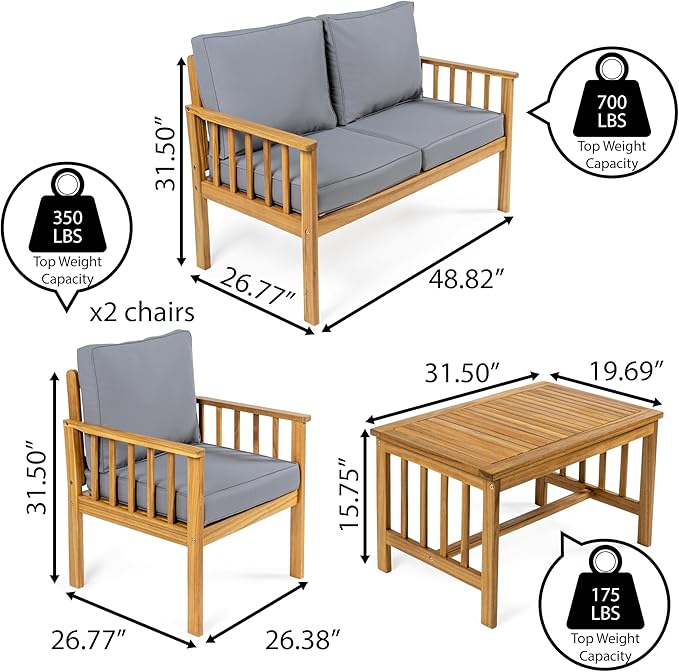 JONATHAN Y LVG1201A-4SET Everly 4-Piece Modern Cottage Acacia Wood Outdoor Patio Set with Cushions and Tropical Decorative Pillows Classic, Coastal, Traditional, Vintage, Mid-Century, Gray/Teak Brown