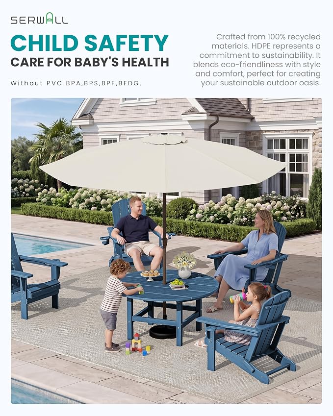 SERWALL 6-Piece Patio Set, 4 Folding Adirondack Chairs with Cup Holders, Round Table & Center Pole Umbrella, HDPE Plastic, Blue