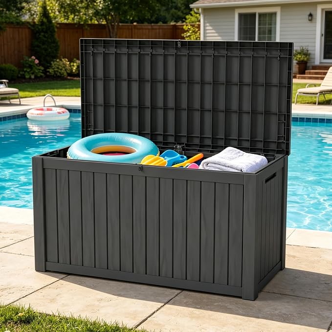 LAUSAINT HOME 180 Gallon Resin Deck Box for Outdoor Storage, XXL Waterproof Patio Storage Bench with 1200lb Weight Capacity, Large Lockable Toy Box for Porch, Poolside and Backyard (Black)
