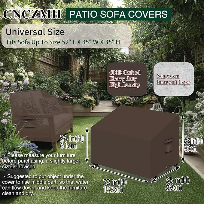Heavy Duty Patio Sofa Covers Waterproof, Outdoor 3-Seater Couch Cover Waterproof, 600D Outdoor 2-Seater Loveseat Furniture Covers with Air Vent Handle 52''W x 35''D x 24''H/ 35''H Brown