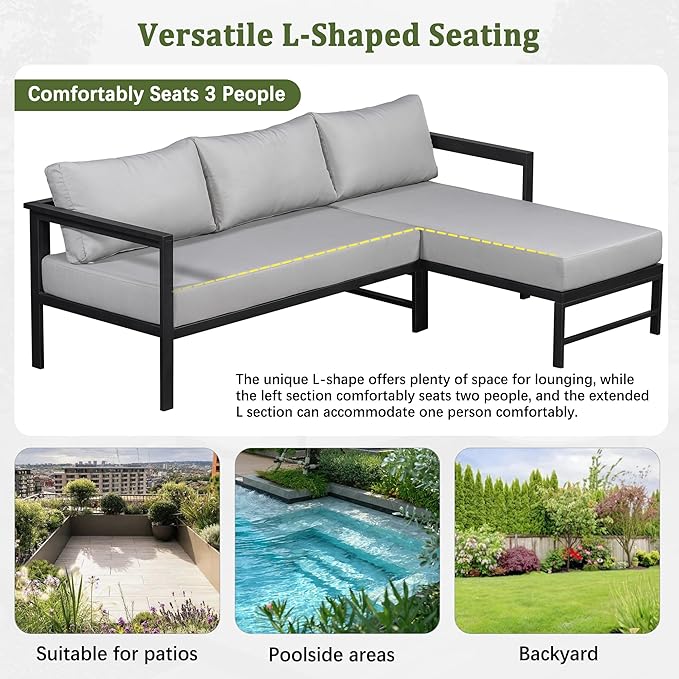 VilroCaz Outdoor L-Shaped Sectional Sofa with 5.9'' Ultra-Thick Cushions, All Weather Patio Conversation Set with Iron Frame for Balcony Garden (Gray-3.24)