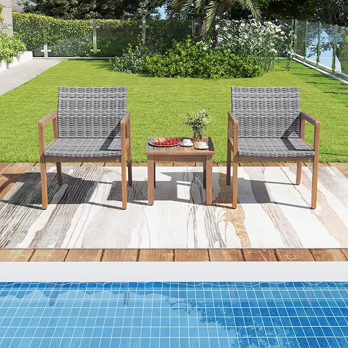 HAPPYGRILL 3 Pieces Patio Furniture Set, PE Rattan Patio Bistro Set with Chairs & Coffee Table, Outdoor Acacia Wood Conversation Set for Garden, Backyard, Poolside & Porch
