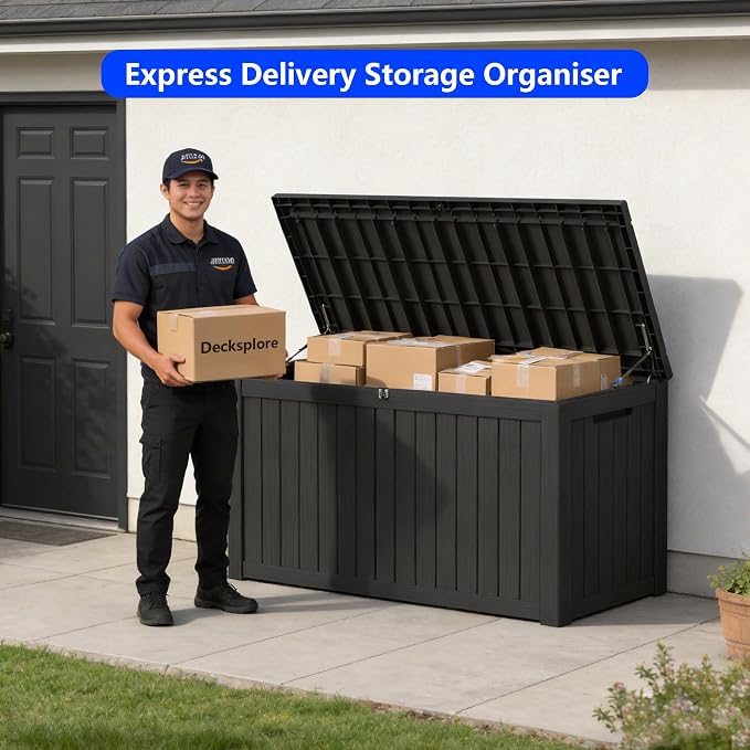 150 Gallon Outdoor Storage Box Resin Deck Box All Weather Waterproof Large Lockable Storage Container Deck Box for Patio Furniture, Garden Tools, Lockable, Black