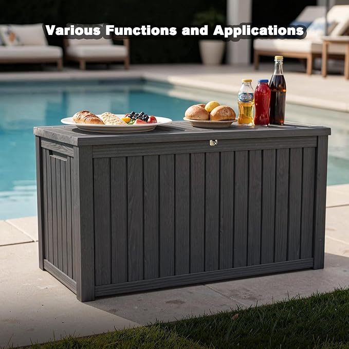 XXL Deck Box Outdoor Storage, Large Waterproof Resin Deck Boxes with Double-Wall Construction, Lockable Patio Storage for Furniture Cushions Garden Tools Pool Supplies, Black (180 Gallon)
