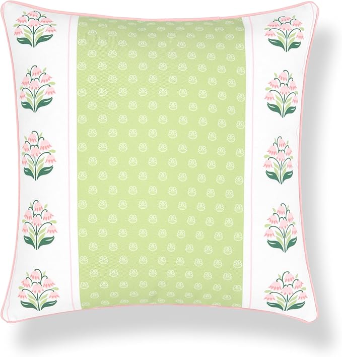 Hofdeco Premium Grandmillennial Patio Indoor Outdoor Throw Pillow Cover Only, 20"x20" Water Repellent for Backyard, Couch, Poolside, Grass Green Pink Print Block Print Striped Lily of The Valley