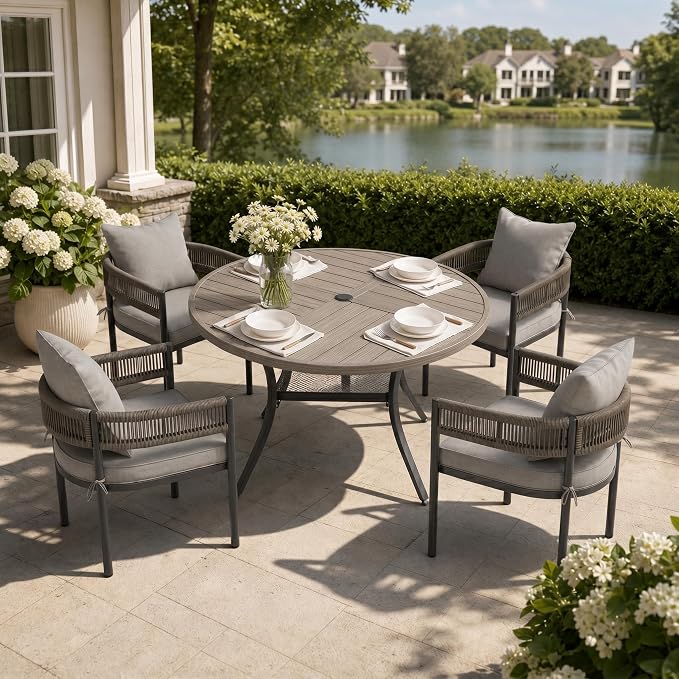 VICLLAX Patio Dining Set, 40.7" Grey Table & 4 Chairs with Grey Cushion | Outdoor Table and Chairs Set of Round Metal Patio Table, Outdoor Dining Chairs with Metal Frame, Garden Deck Porch