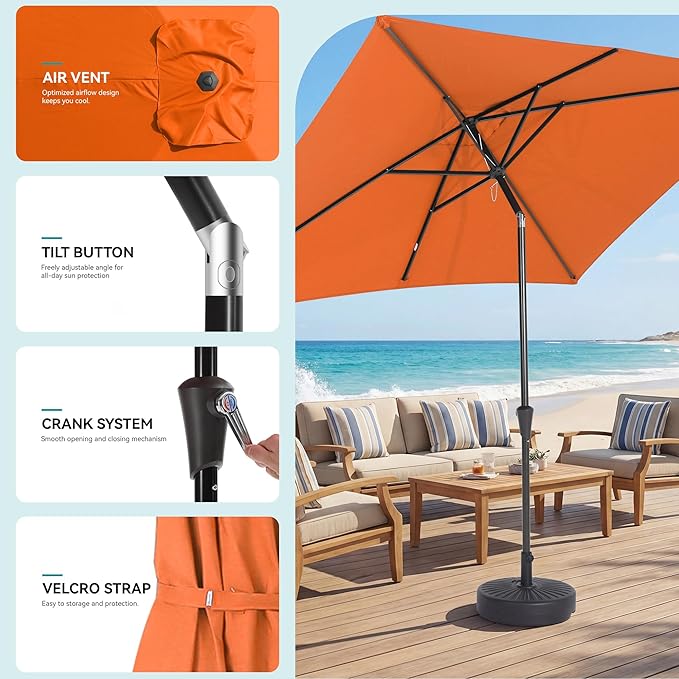 HASLE OUTFITTERS Rectangular Patio Umbrella, 6.5 x 10 ft Rectangle Table Umbrellas w/Heavy Duty Ribs, Effortless Crank and Push Button Tilt, Wind Resistant Sun Umbrella for Outdoor Patio, Orange
