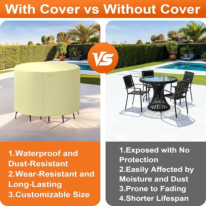 36"(D) x 40"(H) Round Outdoor Furniture Cover, Custom Heavy Duty 420D Waterproof Patio Furniture Cover with Drawstring & Buckles for Table Chair Garden, Cream