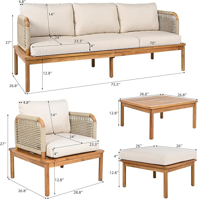 Merax Outdoor 4-Piece Acacia Wood & Rope Patio Sofa Set with Ottoman, Table & Club Chair, Water-Repellent Cushions for Garden & Patio