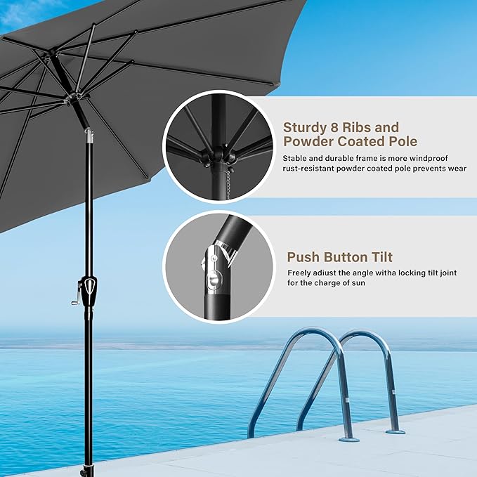 HealSmart 9' Patio Table Umbrella with Button Tilt, 8 Sturdy Ribs, 50lbs Base Stand Included, for Garden, Backyard, Deck, Pool, Gray