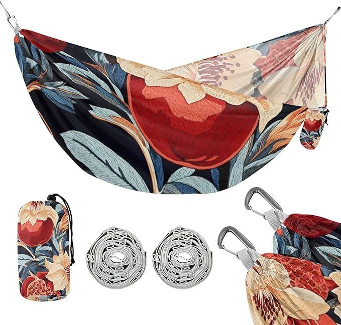 Retro Red Pomegranates Red Flowers Pattern 330lb Capacity Camping Hammocks with Hanging Rope Swing Hammock for Indoor Outdoor Patio Base de hamaca para adultos