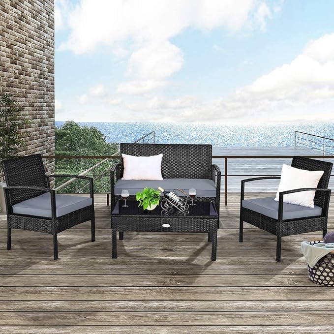 ARLIME 4 Piece Outdoor Patio Furniture Set, All-Weather Rattan Sectional Sofa W/Removable & Washable Cushion, Modern Conversation Sofa for Garden, Balcony, Swimming Pool