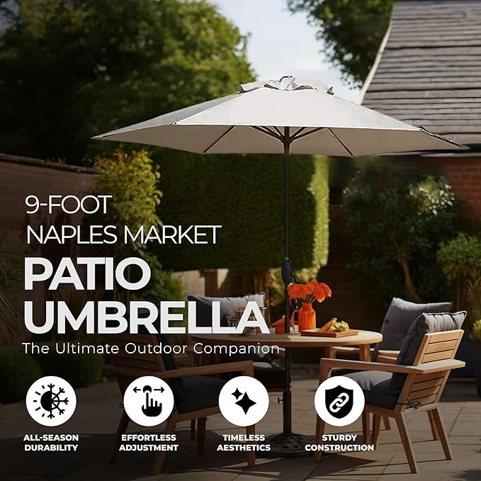 Four Seasons Courtyard 9 Foot Naples Market Patio Umbrella Round Polyester Fabric Outdoor Backyard Shaded Canopy with Push Button Tilt, Natural Color