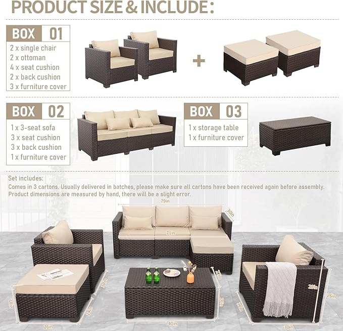 6 Pieces Patio Outdoor Furniture Outdoor Conversation Sets Wicker Sofa Set with Outdoor Couch Patio Chairs Storage Coffee Table Khaki Cushions Waterproof Covers